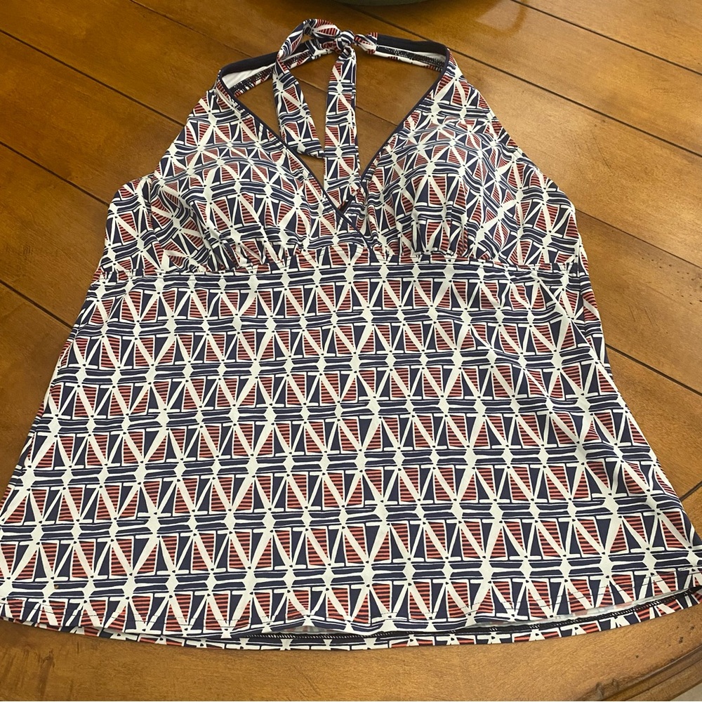 lands end tankini top Women’s sz 14 Geometric Tie Back Builtin Bra Preppy Blue